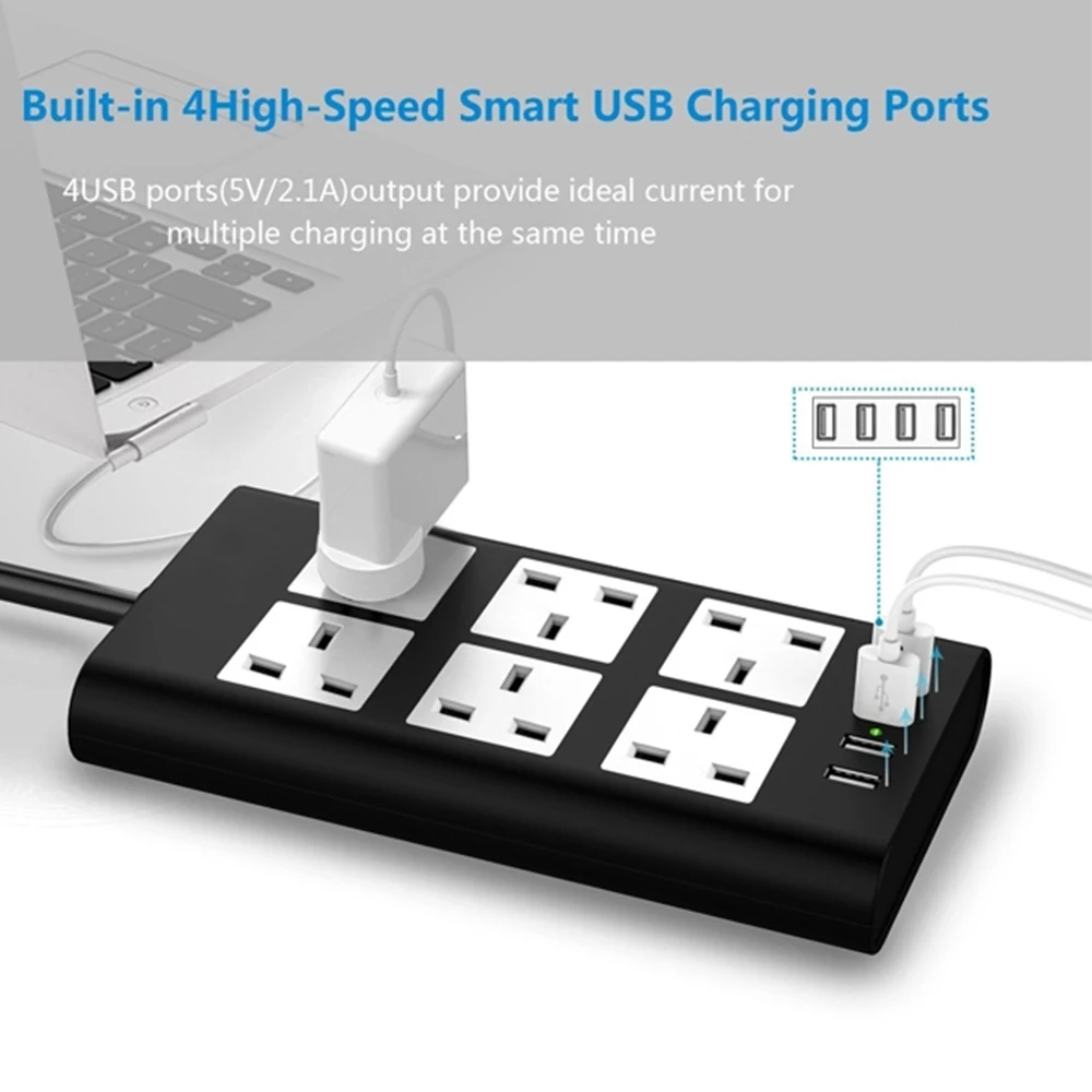 Плоский удлинитель на 6 розеток переменного тока Великобритания розетка с USB