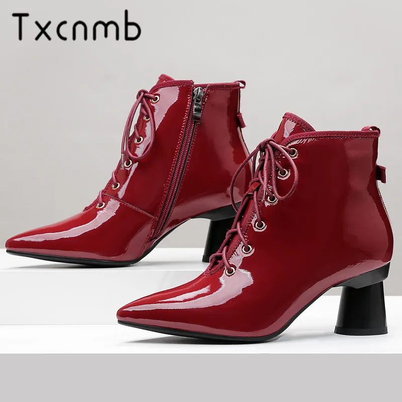 

TXCNMB 2019 Boots Women Ankle Boots for Women Winter Genuine Leather High Heel Shoes Woman Lace-up Size 41 42 43