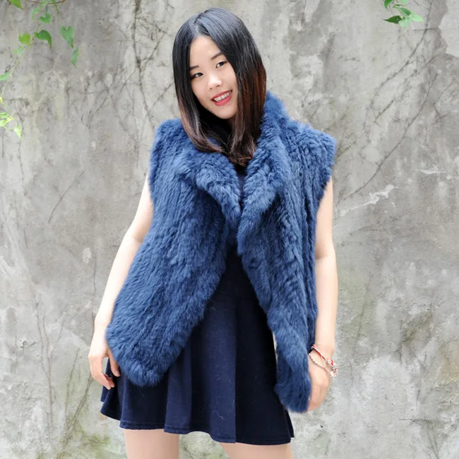 CX-G-B-192, новинка, вязаный женский меховой жилет из натурального кролика, теплая безрукавка, Меховая куртка, необычный жилет из натурального кроличьего меха для женщин - Цвет: blue