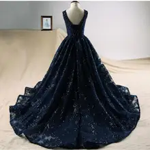 Королевский синий тюль бисером девушка свадебные платья Элегантный длинный шлейф Первое причастие платье Дети вечернее торжественное платье принцессы