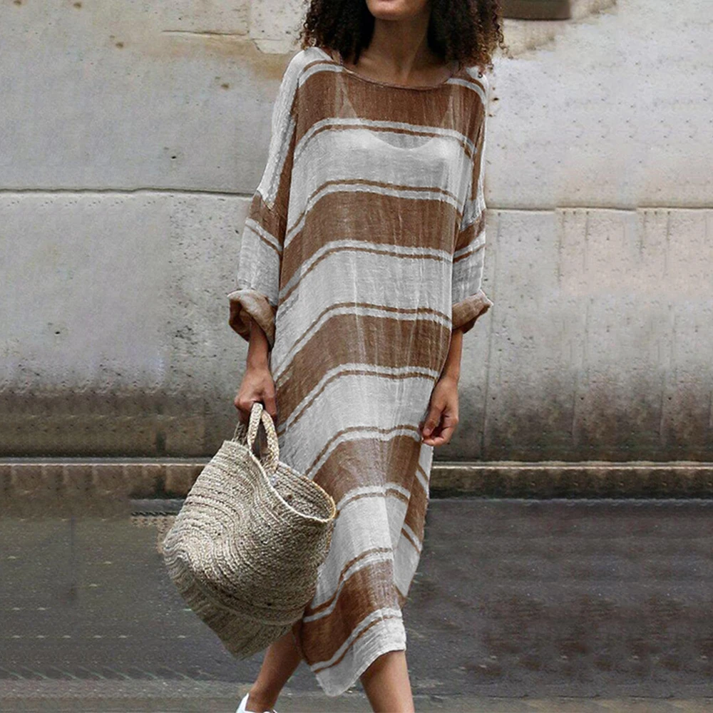 

Large Size Casual Woman Dress Summer Stripes New Cotton And Linen Plus Size S-5XL O-neck Long Sleeve Mid-calf Dresses