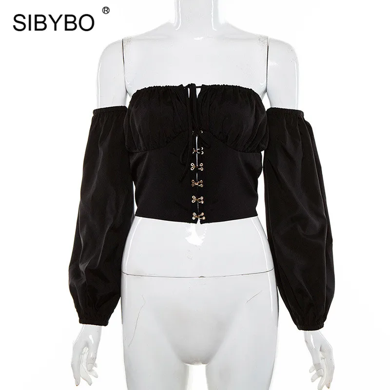 Sibybo, с открытыми плечами, без бретелек, Сексуальная футболка, женская, с длинным рукавом, однобортная, тонкий, кроп-топ, для женщин, с открытой спиной, летние, женские топы