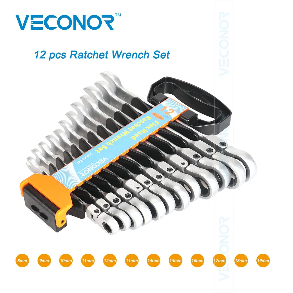 

8-19mm 12Pcs Flexible Head Ratchet Wrench Set Spanner Kit A Set of Keys Multitools Dull Polish 72T High Torque