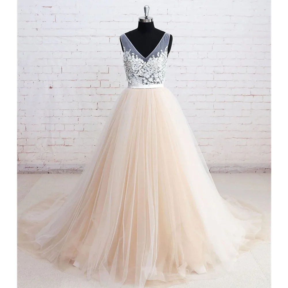 

2019 New Champagne Tulle Wedding Dresses V Neck A Line Sweep Train Simple Cheap Bridal Dress Robe De Mariee Custom Made