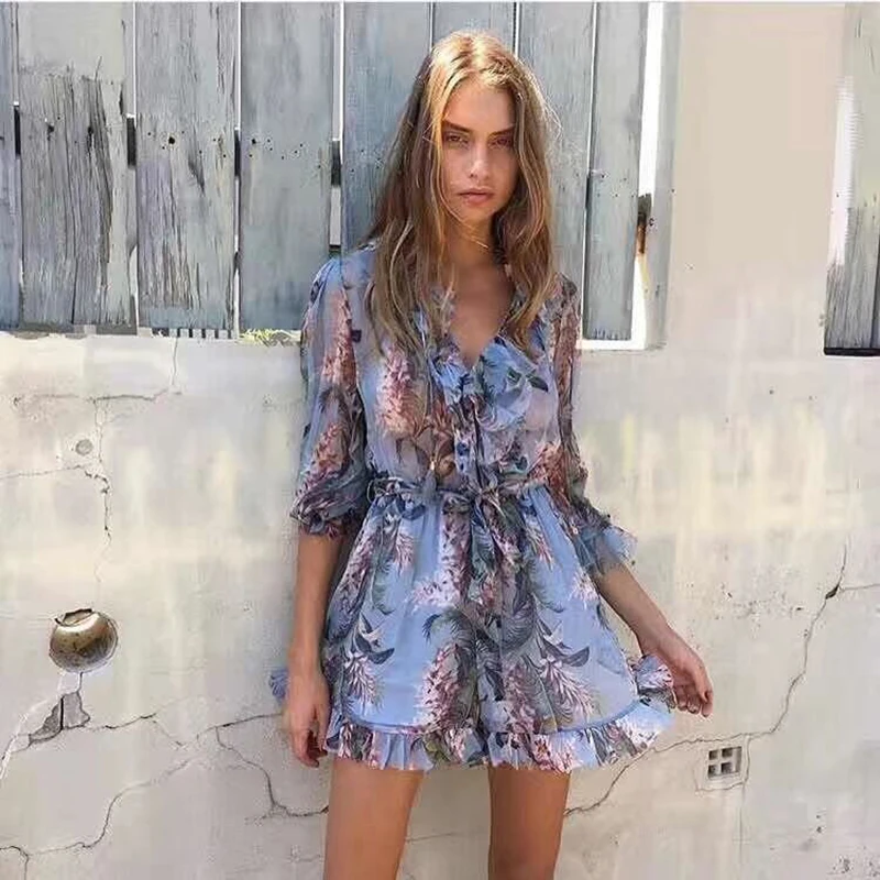 

Women's jumpsuit 2019 summer fashion casual sexy high-end silk Long sleeve V-neck Print beach Holiday jumpsuit