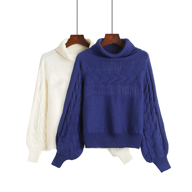 

BGTEEVER Turtleneck Knitted Pullovers Lantern Sleeve Women Twist Sweater Casual Loose Sweater 2018 Autumn Winter Female Jumper