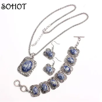 

SOHOT Unique Design Antique Silver Color Jewelry Sets Women Blue Vein Sodalite Stone Pendant Necklace Bracelet and Earring Gift