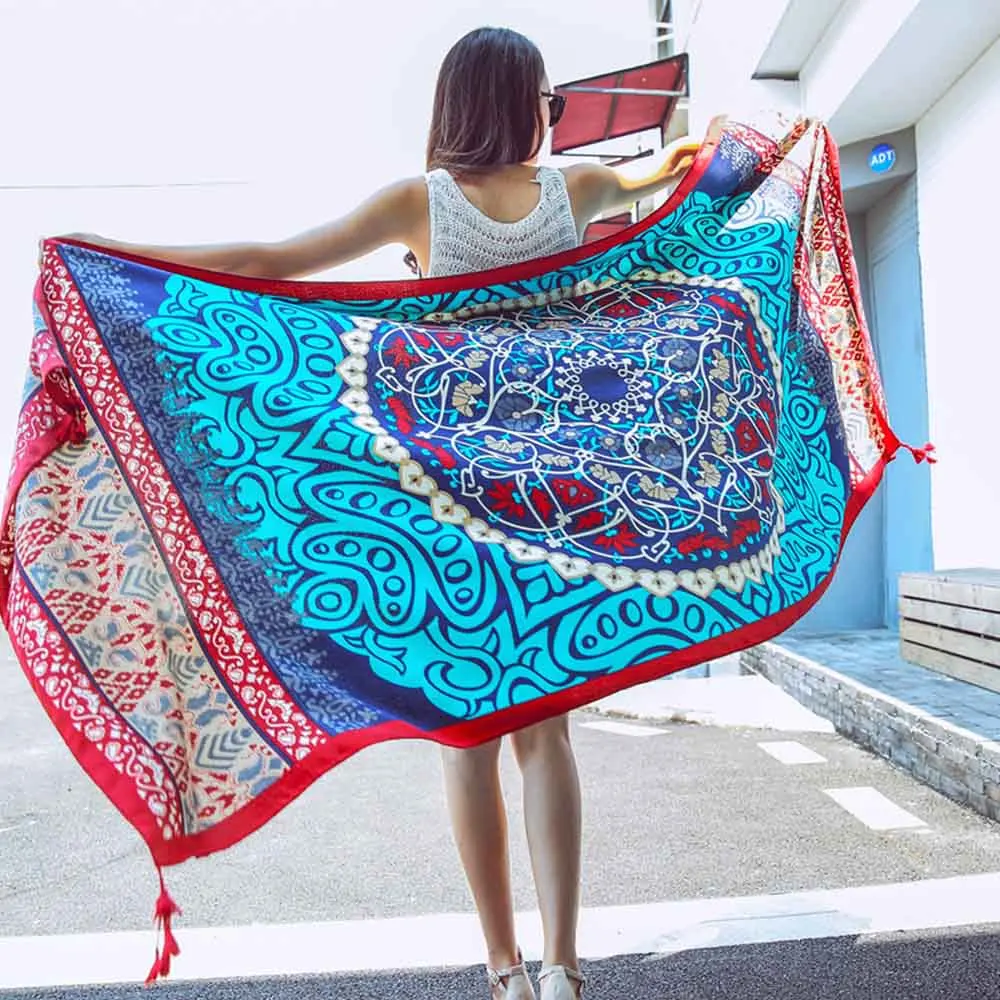 

Beach Tapestry Ethnic Wind Scarf Female Tassel Printing Large Shawl Travel Silk Scarf Seaside Holiday Sunscreen Beach Towel