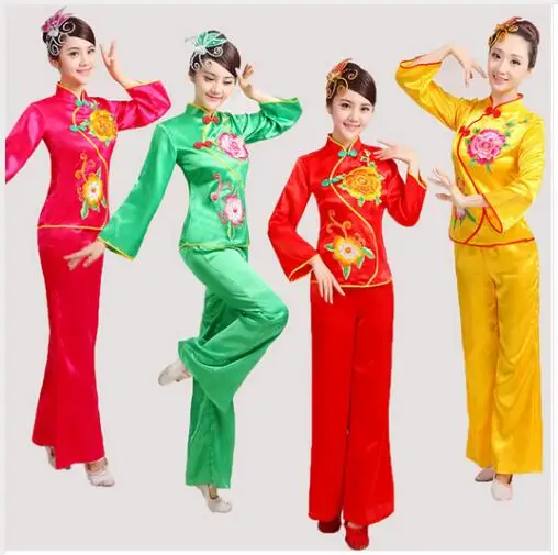 

women peony Embroidery yangko dance costumes red\green long sleeves fan waist drum Middle-aged group national square dance
