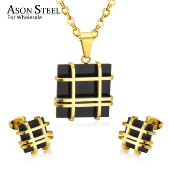 

ASONSTEEL Square Rinestone Pendant 316L Stainless Steel Gold Wedding Jewelry Sets for Women Necklace Pendant Small Stud Earring