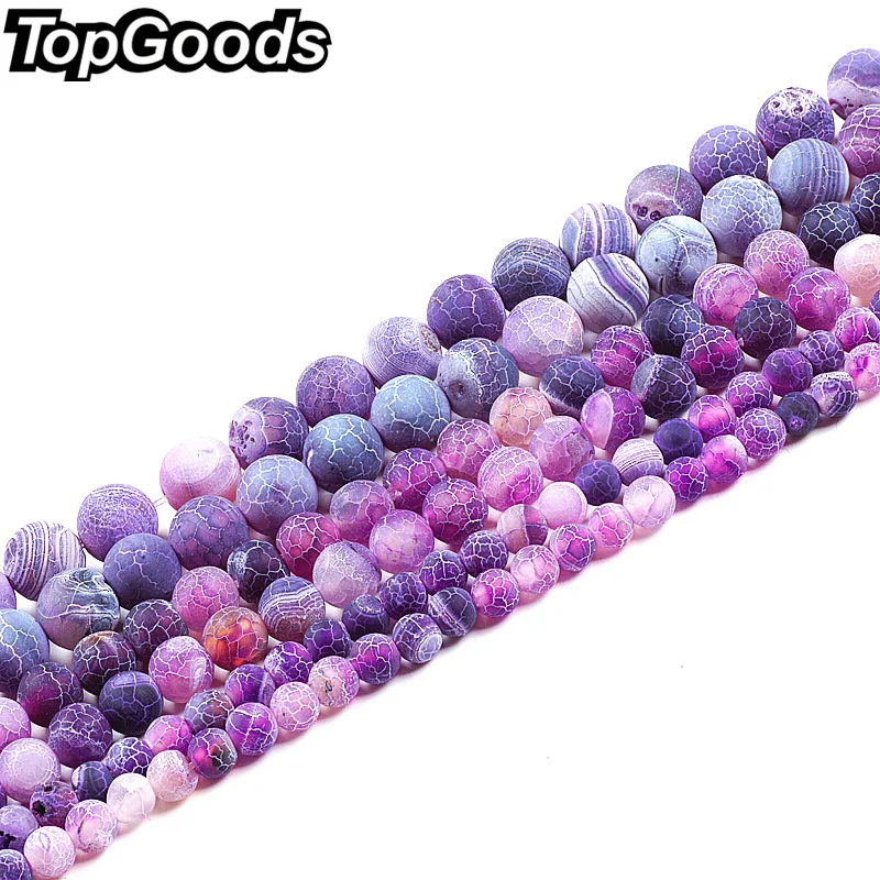 

TopGoods Wholesale Natural Purple Frosted Weathered Agate Round Loose Stone Beads DIY Women Bracelet Handmade Jewelry 4 6 8 10mm