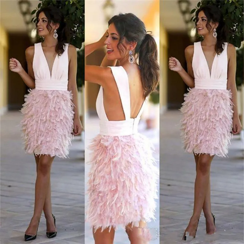 

vestido coctel Eve Pretty Formal Dress Blush Pink robe cocktail V Neck Prom Gowns Feathers Knee Length 2019 abiye gece elbisesi