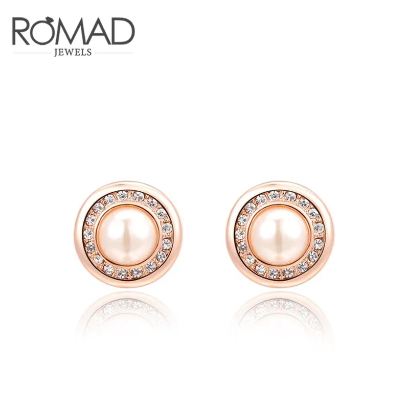 

ROXI ROMAD Brand Rose/White Gold Color Pearl Ear Stud Earrings For Women Luxury Genuine Austrian Crystal Round Earrings Jewelry