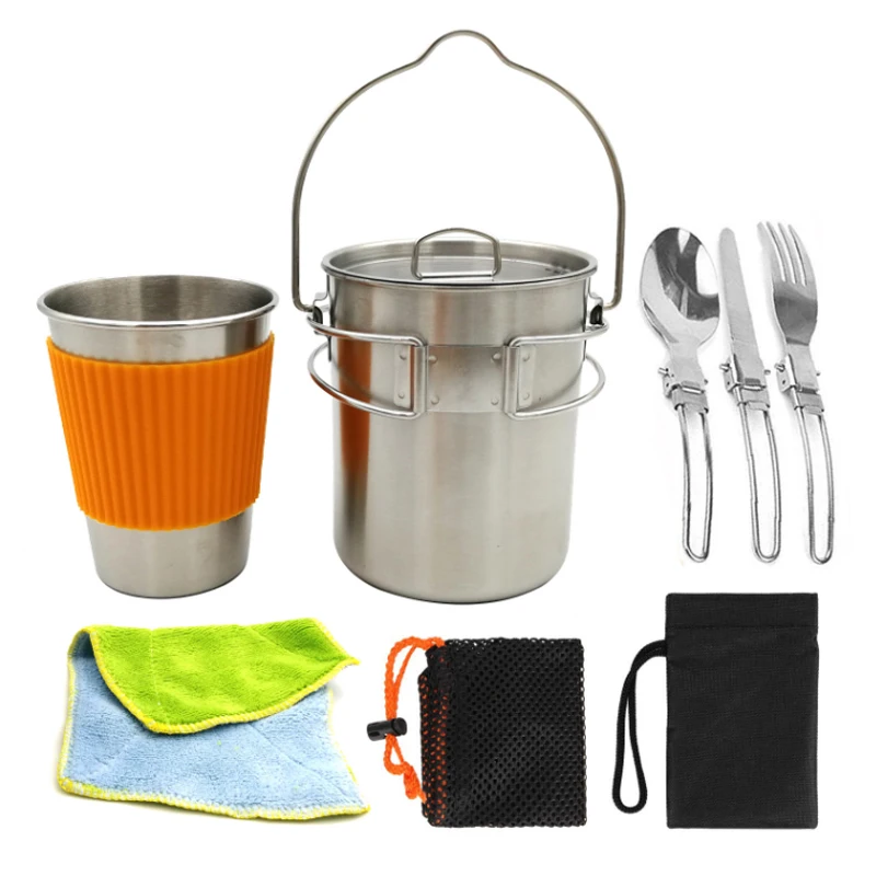 

Shipping Outdoor Kettle Hanging Stainless Steel Cookware Camping Pot with Cover Foldable