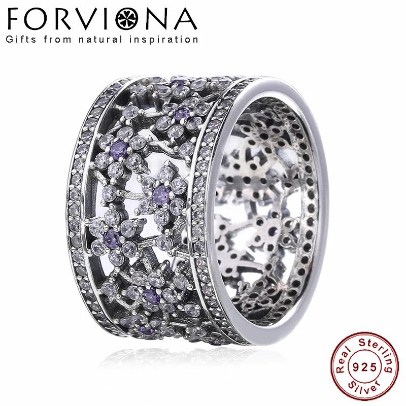 

Authentic 925 Sterling Silver Ring Forget Me Not Flower With Crystal Rings Band For Women Wedding Party Gift