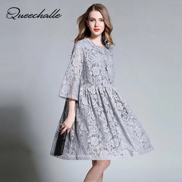 

Queechalle 2019 Summer Dress female hollow out floral lace dress pleated A-line dresses 3XL 4XL plus size women dress gray navy