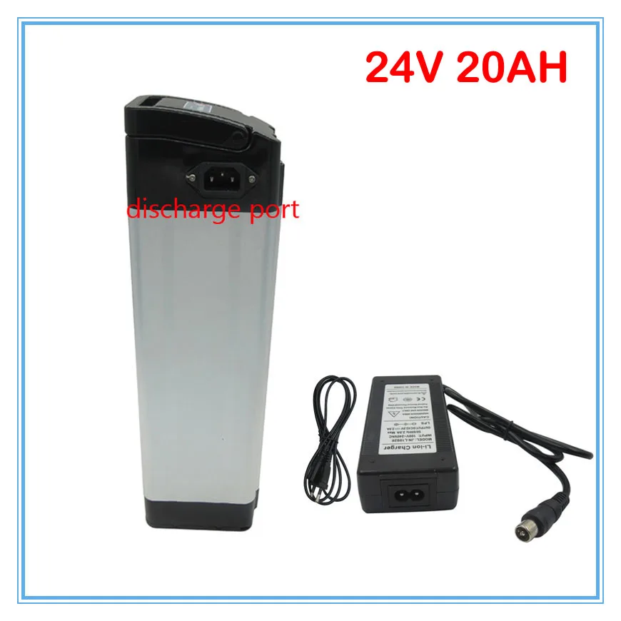 

Top discharge 700W Silver fish 24V 20AH lithium battery 24V ebike bike battery Use 3.7V 2500MAH Cell 3A charger 30A BMS