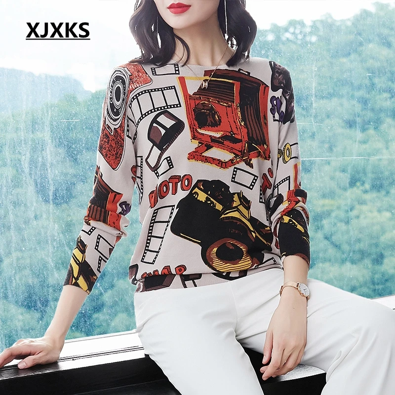 

XJXKS 2018 Fashion Sweater Autumn Winter Warm Pullovers Sweater Women Camera Pattern Printed Sweaters Soft Knitted Sweaters