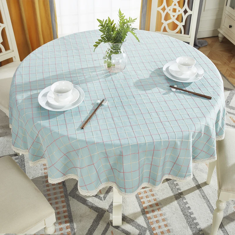 

Round Table Cloth Cotton Linen Table Cover Plaid Grid Pattern Christmas Tablecloth Lace Edge Wedding Party Decor Tablecloths