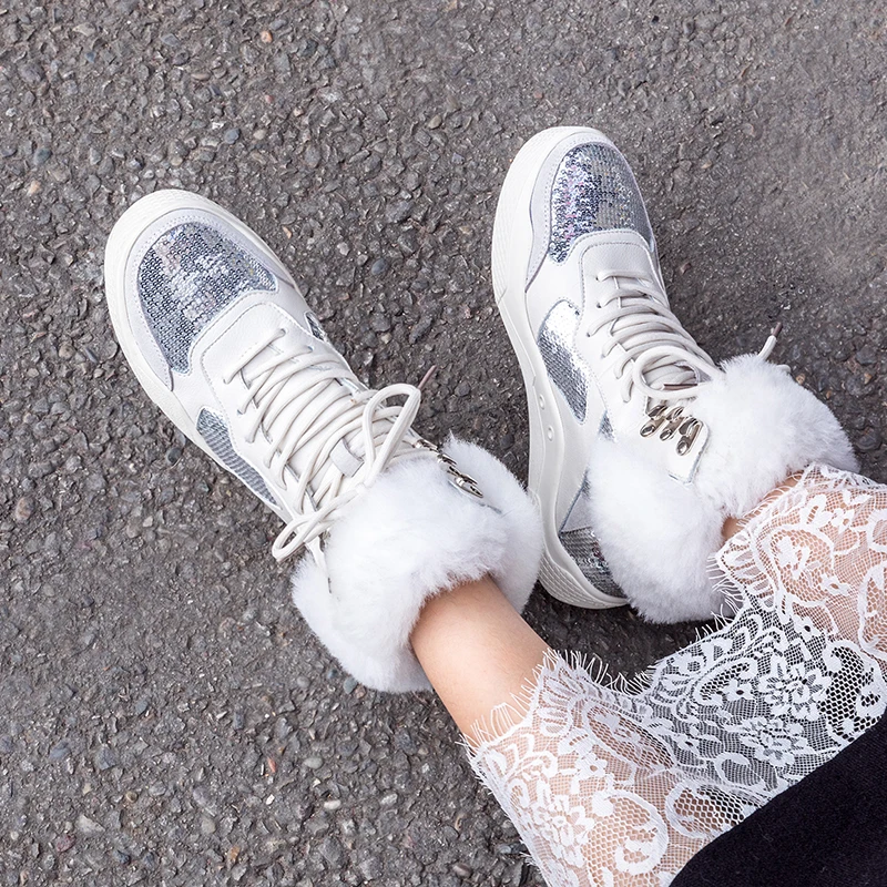 

Luxury Bling Genuine Leather Sneakers Women Flat Ankle Boots Winter Fur Combat Boots Ladies Black White Short Snow Boots Woman