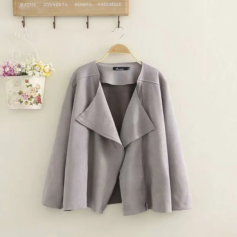 

2019 Plus Size Casual Jacket Spring Women Clothing Fashion Loose Long Sleeve Suede fabric Diagonal zipper Coats S6-1081
