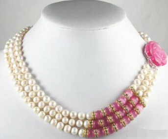 

FREE SHIPPING>@@> zj 00045 3 Rows Genuine White Pearl Pink Opal Rose Flower Clasp Crystal Necklace