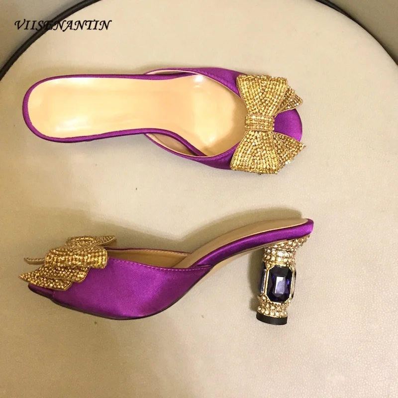 

VIISENANTIN women summer luxury slides banquet fashion rhinestone bowtie shoe thick heeled gem deocr peep toe satin slipper