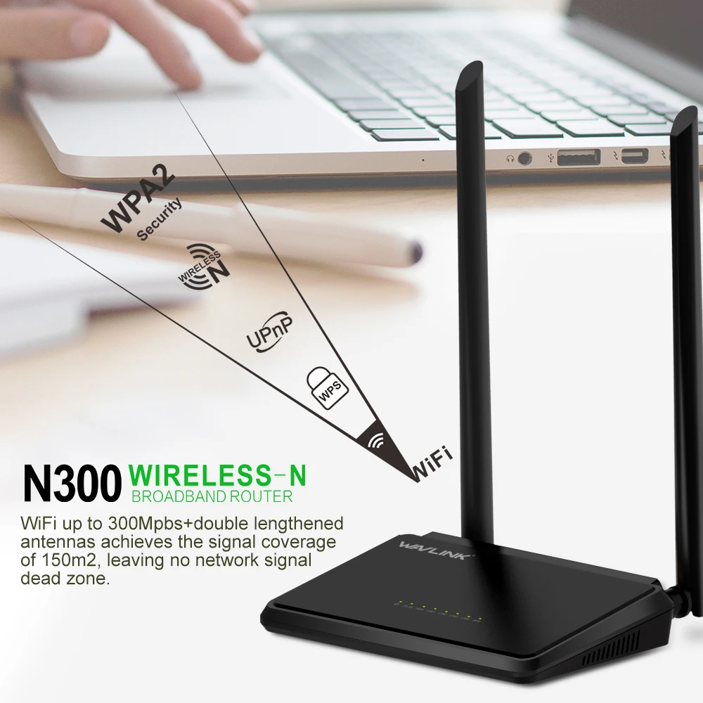 

Wavlink N300 300Mbps Mini Home Wireless WiFi Router 5dBi 2.4G External Antennas WPS Button Broadband ROUTER 5WAN/LAN Ports QoS