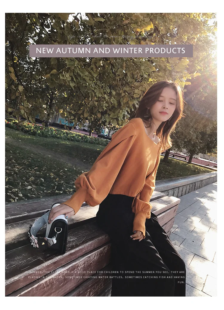 MISHOW Autumn vintage Knitted sweater for women fashion causal Square collar Lantern sleeve short tops MX18C5196