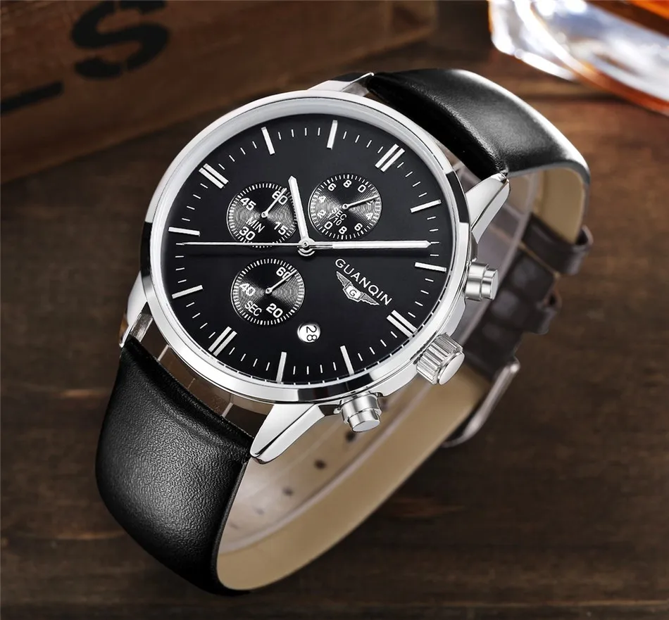 GUANQIN Quartz Watch Mens Watches Top Brand Luxury Chronograph Clock Men Sport Waterproof Leather Wristwatch relogio masculino