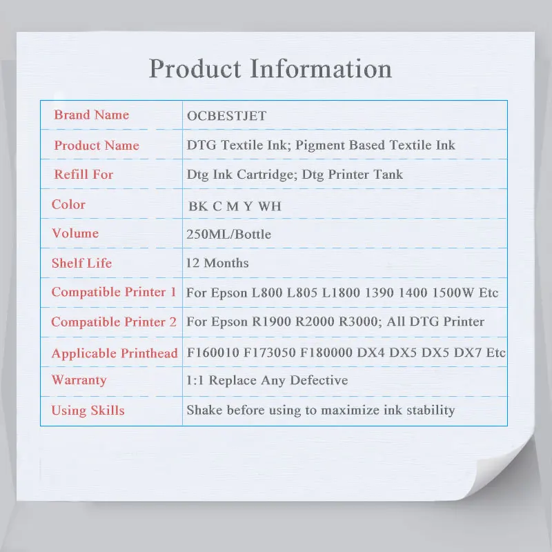 DTG Ink 250ML*5 For Epson T50 P50 R290 R330 1390 1410 L800 L1800 R1900 R2000 For DX5 DX6 DX7 DX9 DX10 Printhead DTG Printer