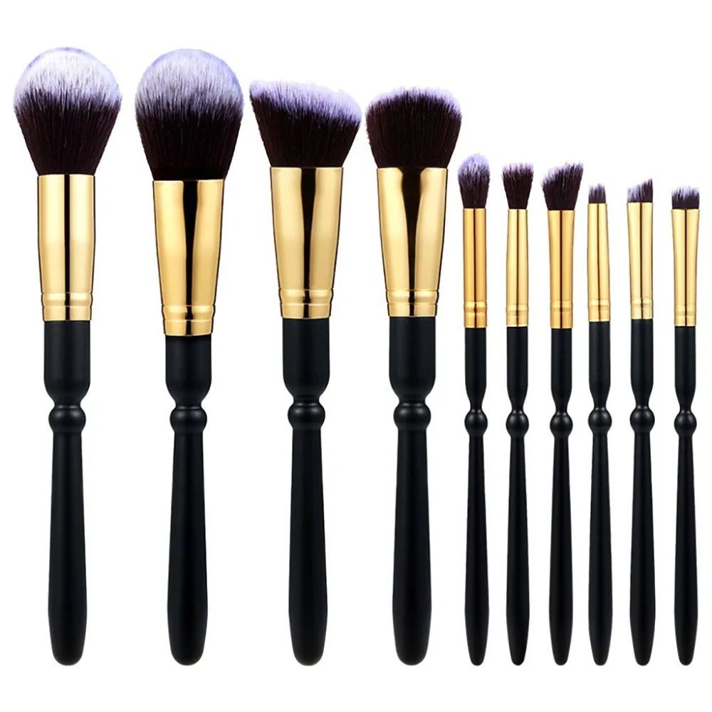 

10 Pcs Wooden Handle Gold Tube Professional Makeup Brushes Set
