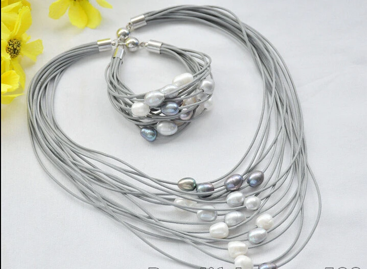 

z6971 15Strds 13mm white black gray rice pearl gray leather necklace & bracelet^^^@^Noble style Natural Fine jewe SHIPPING new -