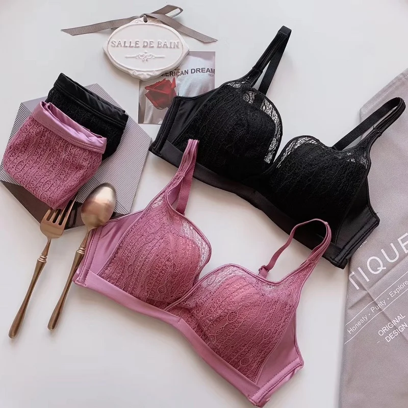 

New Ballet No Trace No Steel Ring Underwear Shell Cup Gathered Sexy Lace Anti-Sag Bra Set