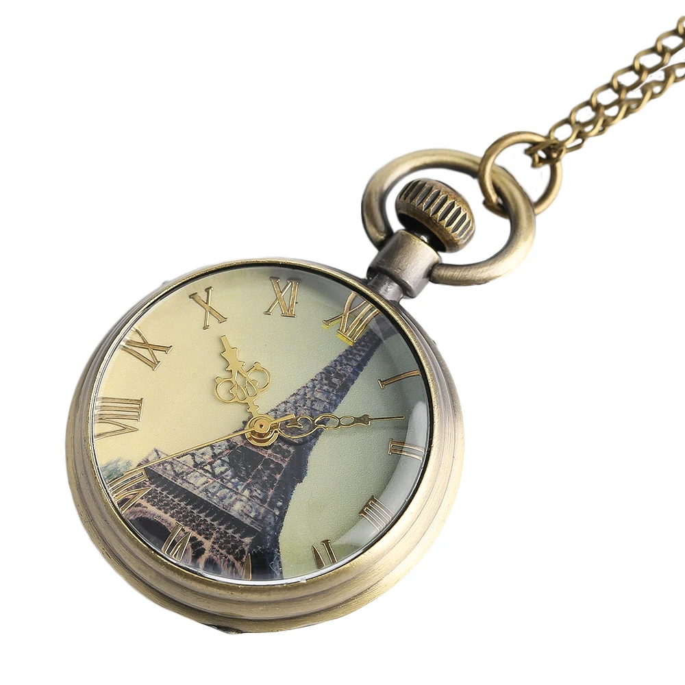 YISUYA Eiffel Tower Pendant Chain Pocket Watch Men Kid Retro Necklace Quartz Watched Hand Around Women Clock Skull Punk Gift  (3)
