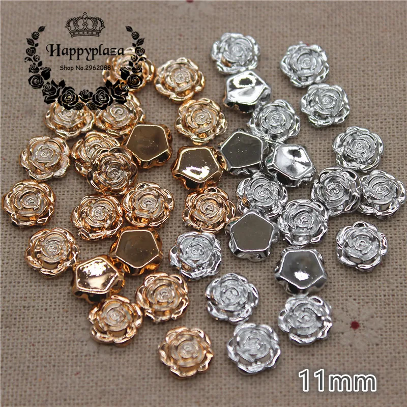 

100pcs 11mm Golden/Silver Rose Flower Plastic Flatback Button Decoration Sewing Craft Scrapbook Accessories