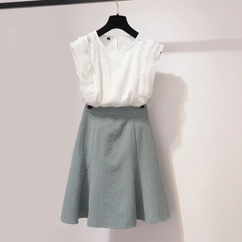 

2019 Summer Sweet 2 Piece Set Women Ruffles Sleeveless Blouse Tops +Plaid A Line Mini Short Skirt Set Woman Clothes Student