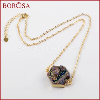 

BOROSA Wholesale Druzy Pendant Natural Stone Hexagon Rainbow Titanium Galaxy Connector For Women's Necklace Gift G1618-N