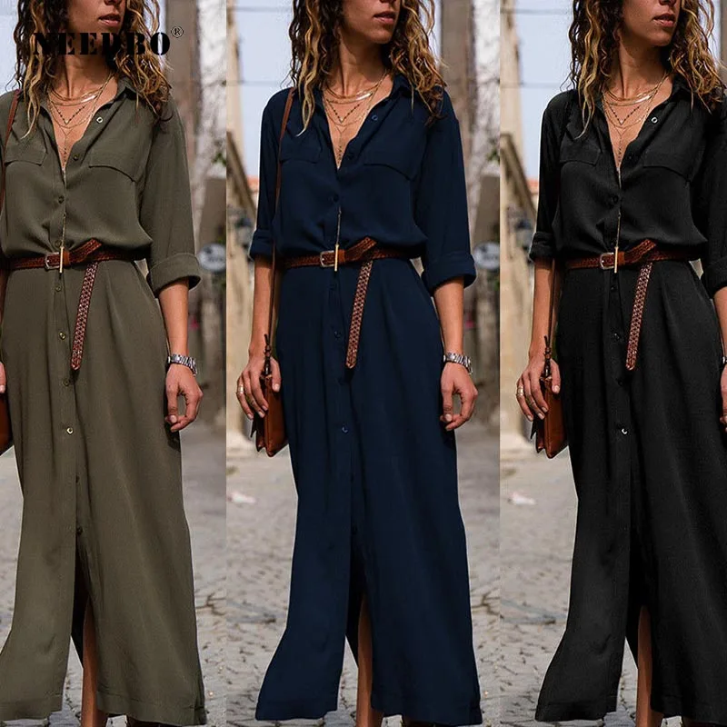 

NEEDBO Summer Dress Large Size Maxi Dress Long Sleeve Solid Retro Sexy Patchwork Button Shirt Dress Long Dresses Casual Summer