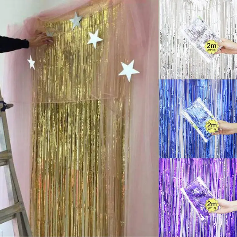 

2M Gold Silver Metallic Foil Tinsel Fringe Curtain Birthday Party Decoration Wedding Photography Backdrop Curtain Photo Props
