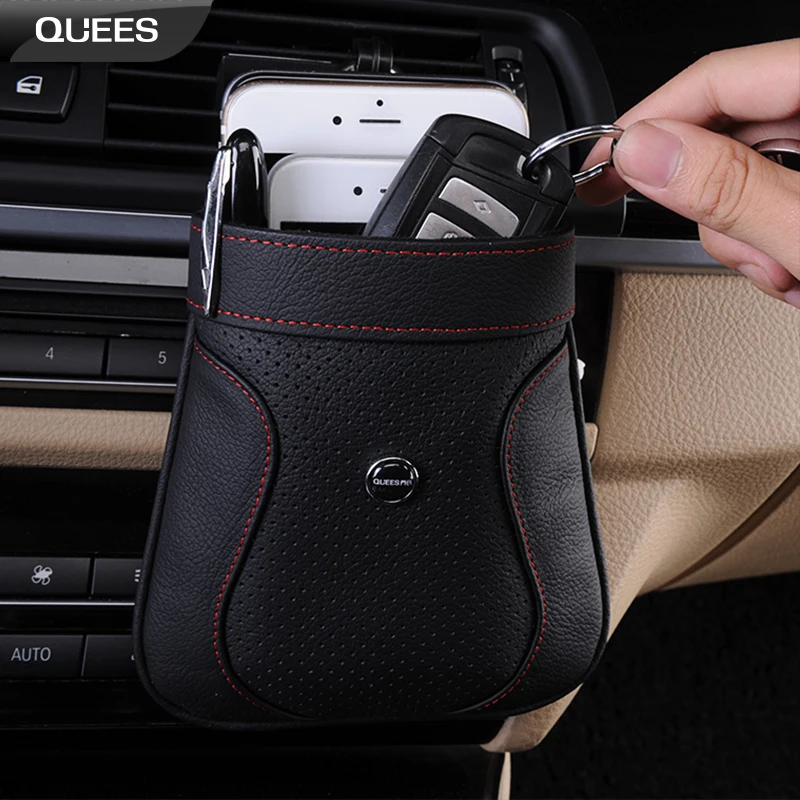 QUEES Genuine Leather Car Storage Bag Holder Mobile Phone