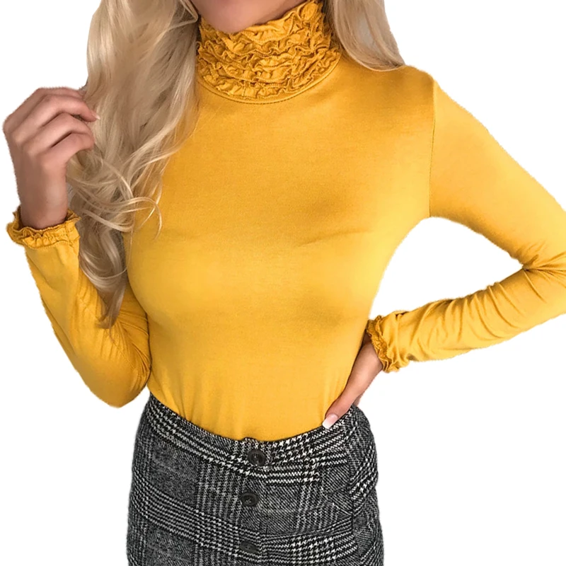 

Women's Sweater with A High Laced Collar for Winter Girls Sweaters with Rufflesd Sleeve Turtleneck Casual Knitted Pullovers 2018