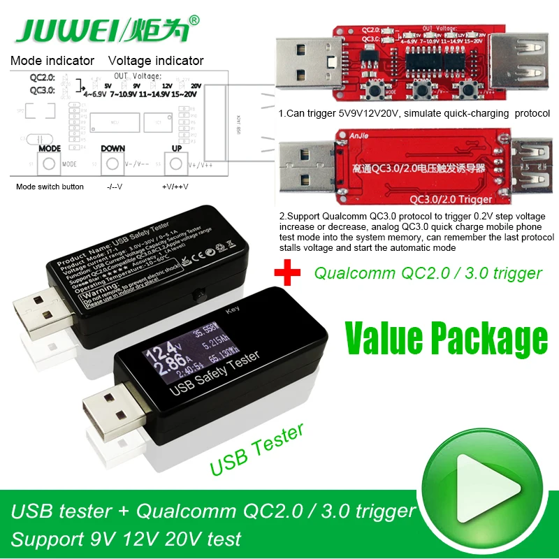 Цифровой дисплей DC USB тестер напряжения тока зарядное устройство Емкость доктор power bank детектор батареи+ qc2.0/3,0 триггер