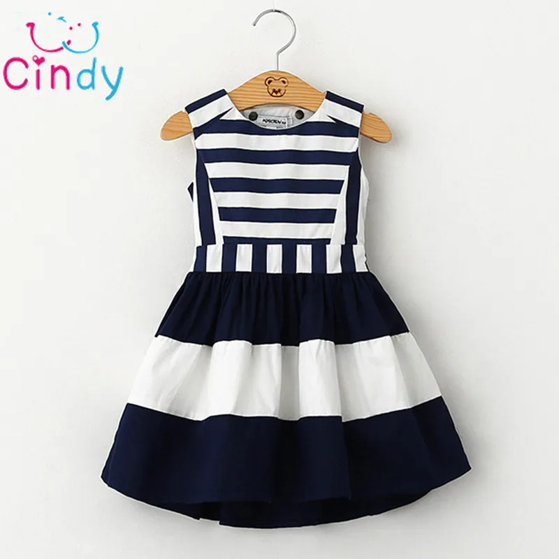 

Military Style Brand Girls Dress 2017 Summer Dress Girls Navy Wind Back Hollow Out Stripe Splicing Sundress Dress
