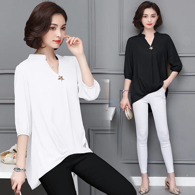 

Women Shirt 2019 Summer Female Tops Fashion Plus Size Loose V-neck Half Sleeve OL Chiffon Trend Swallowtail Ladies Blouses 5XL
