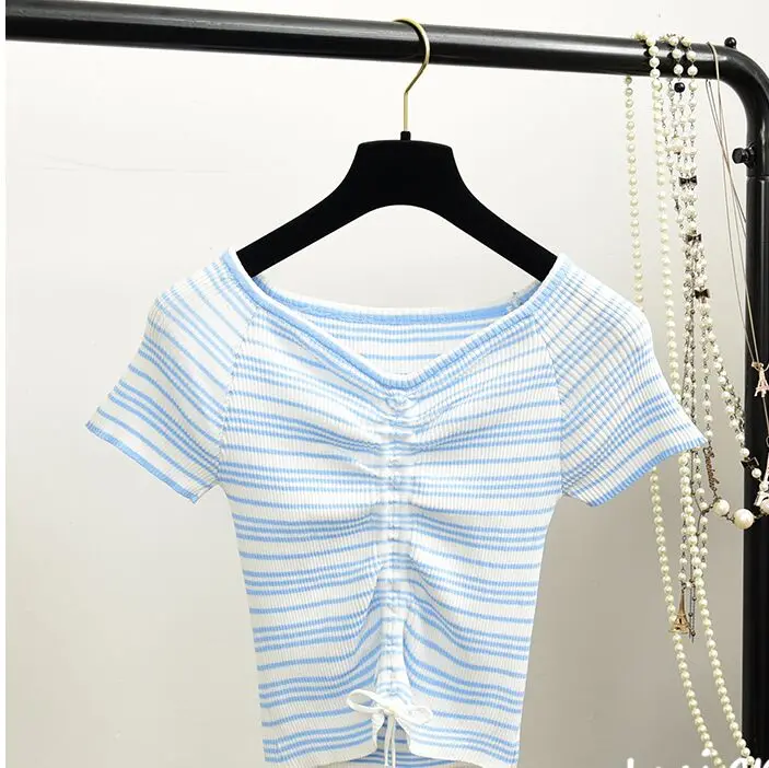 Летние милые полосатые укороченные футболки женские с коротким рукавом трикотажные шикарные топы футболки для девочек FL - Цвет: blue stripe