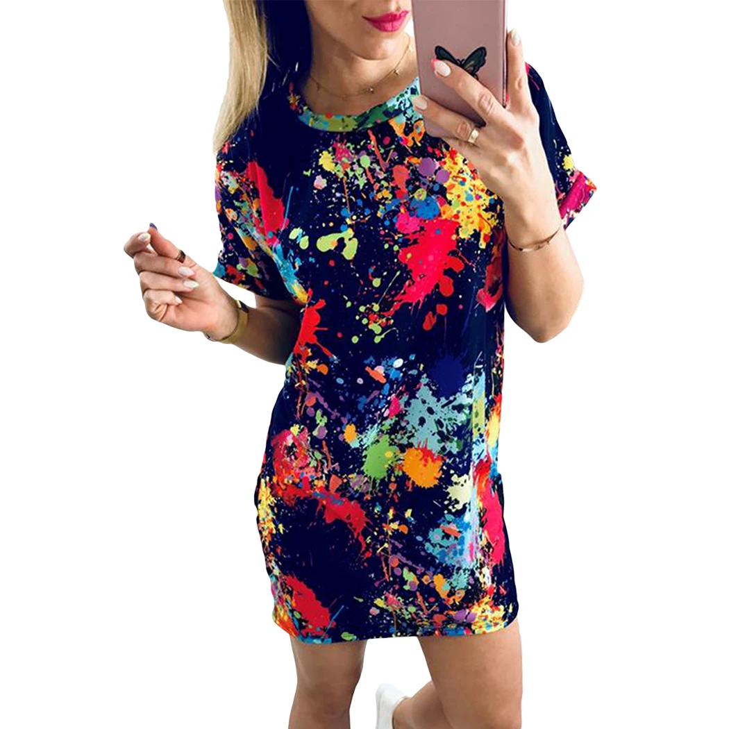 

Casual Ladies O Neck Loose Tshirt Dress Women Splashing Ink Print Dresses 2019 Summer Short Sleeve Mini Dress Streetwear Femme