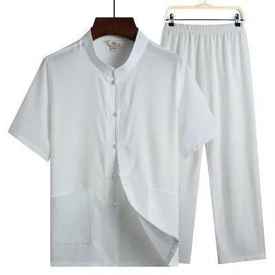 SHENG COCO мужской костюм кунг-фу хлопковый китайский стиль мужской костюм Тан традиционная китайская униформа для тайцзи широкие брюки свободные рубашки - Color: White suit