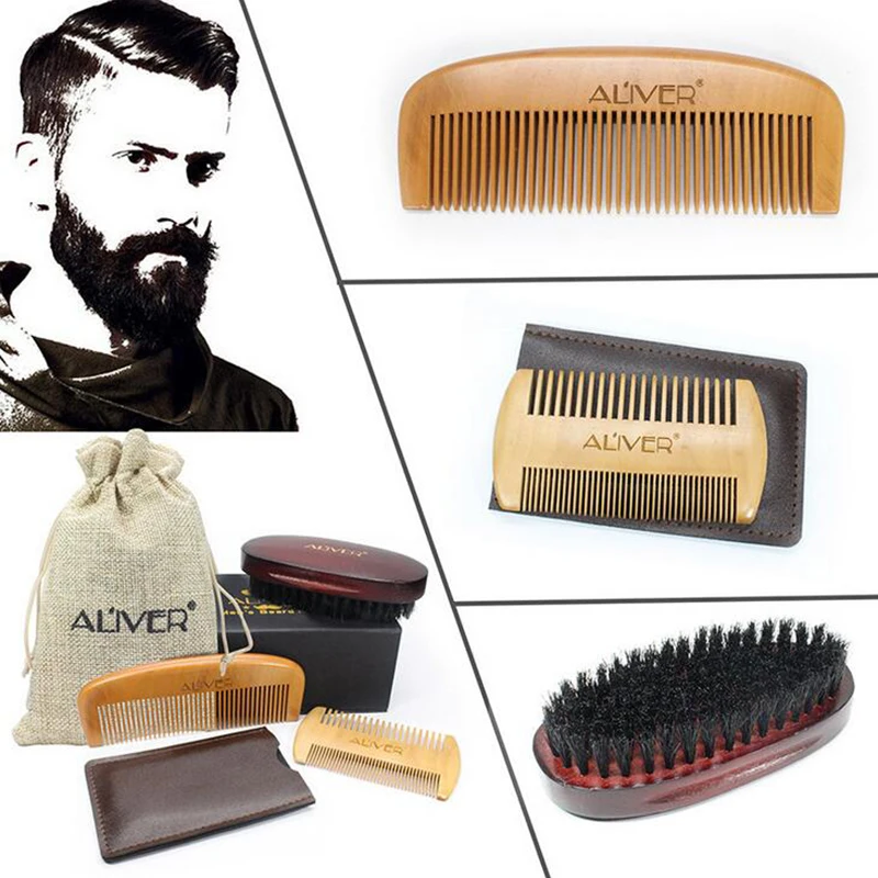 

High Quality Soft Board Bristle Wood Beard Brush Hairdresser Shaving Tool Men Mustache Comb Kit With Gift Bag Beard Comb Set