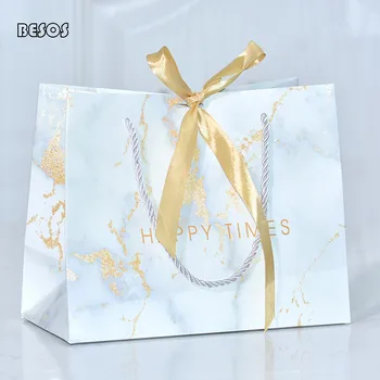 

10pcs/lot Large Size Paper Jam White Pink With Gold Silver Ribbon Bowknot Handle Packing Gift Bag B019B